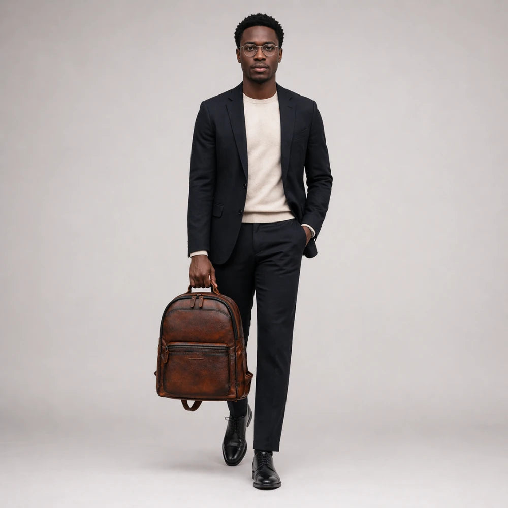 Sac week end à dos en cuir style rétro — Le Milan